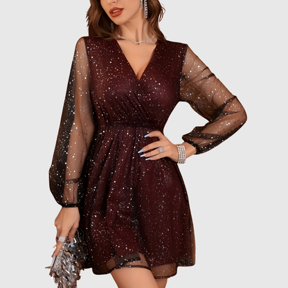 CHLOELINE | SEQUINED V-NECK LANTERN SLEEVE MESH DRESS