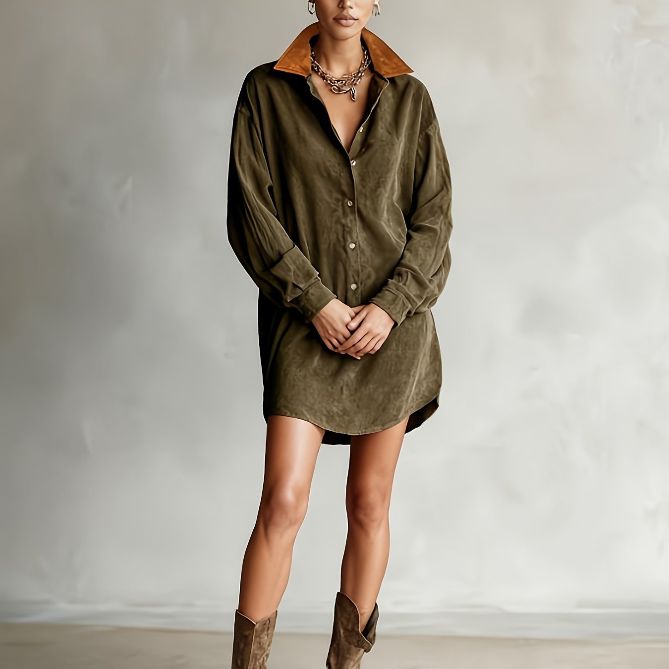 CHLOELAIN | SOLID COLOR COLLAR LONG SLEEVE MINI DRESS