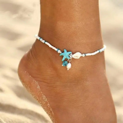 STAR & SHELL ANKLET WITH NATURAL STONES