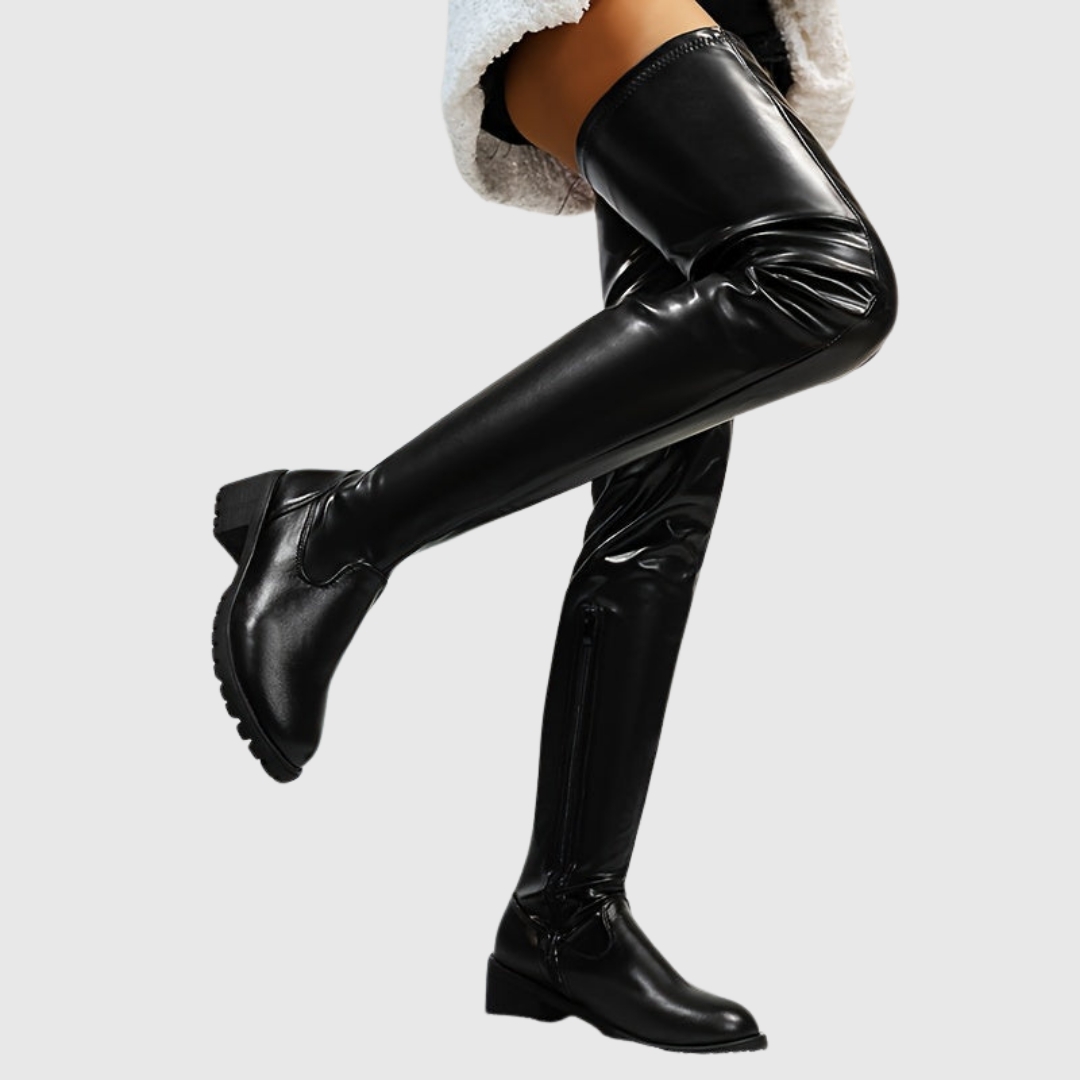 FENISSE | CHUNKY HEEL THIGH-HIGH LEATHER BOOTS