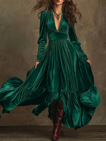 SERAFINA | RETRO OVERSIZED SKIRT LONG DRESS WITH DEEP V-NECK