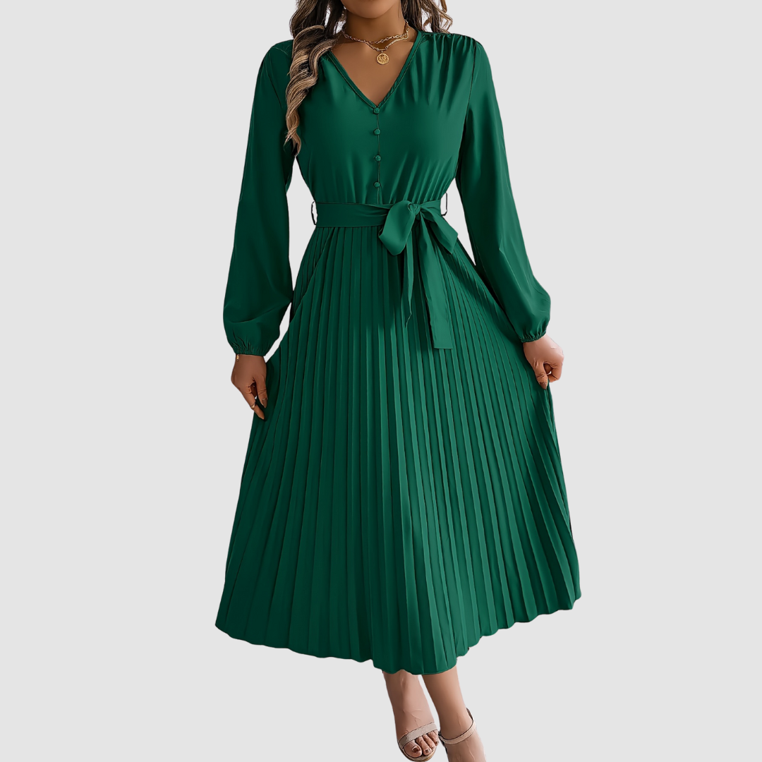 CELESTE BLOOM | PLEATED LONG-SLEEVE MIDI DRESS