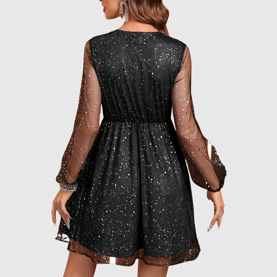 CHLOELINE | SEQUINED V-NECK LANTERN SLEEVE MESH DRESS