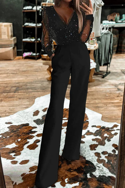 ISLIE | JUMPSUIT WITH SHEER SLEEVES AND WIDE LEGS
