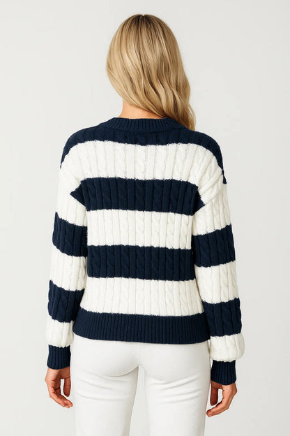 MIRELLE | V-NECK CABLE-KNIT STRIPED SWEATER