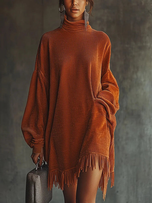 MIRA ORANGE CORDUROY DRESS WITH FRINGED HEM AND HIGH COLLAR