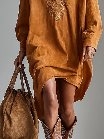 SYBIL LOOSE LAPEL V-NECK PRINTED LONG-SLEEVED MIDI DRESS