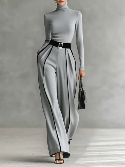REFINED HIGH-NECK TOP & WIDE-LEG PANTS SET (FREE BELT)