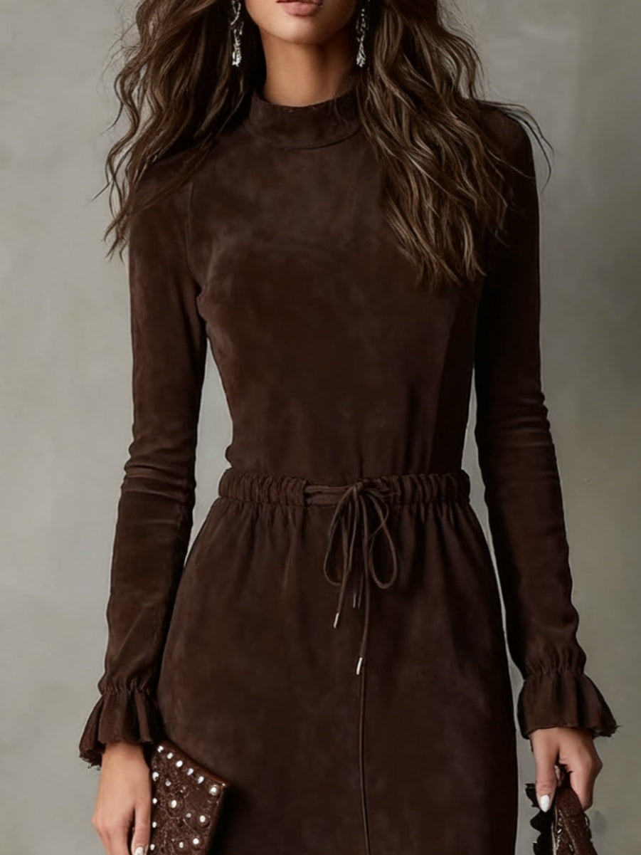 CECILY ELEGANT DARK BROWN SUEDE DRAWSTRING IRREGULAR MIDI DRESS