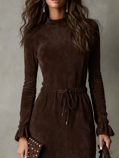 CECILY ELEGANT DARK BROWN SUEDE DRAWSTRING IRREGULAR MIDI DRESS