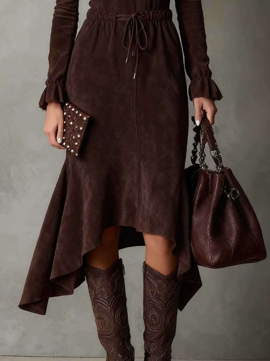 CECILY ELEGANT DARK BROWN SUEDE DRAWSTRING IRREGULAR MIDI DRESS