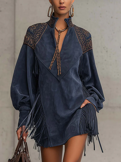 JUNO INDIGO SUEDE MINI DRESS WITH EMBROIDERED TASSELS AND STAND COLLAR