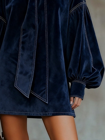 ELAINE | DARK BLUE VELVET MINI DRESS WITH BOW AND LANTERN SLEEVES