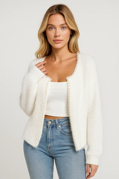 SASKIA | SOFT OPEN-FRONT PEARL-DETAIL CARDIGAN