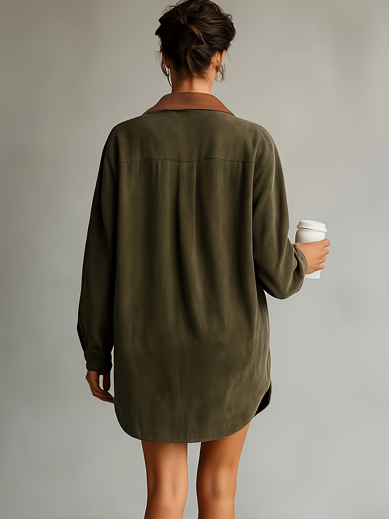 CHLOELAIN | SOLID COLOR COLLAR LONG SLEEVE MINI DRESS